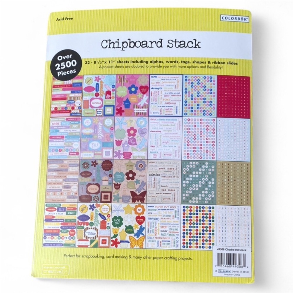 Colorbok Chipboard Stack 32 Sheets Alphas Words Tags Shapes Scrapbook Craft Kit